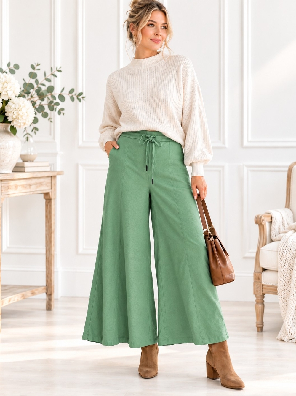 Simply Vera Vera Wang Linen Blend Green Wide Leg Pants | Size Petite Large